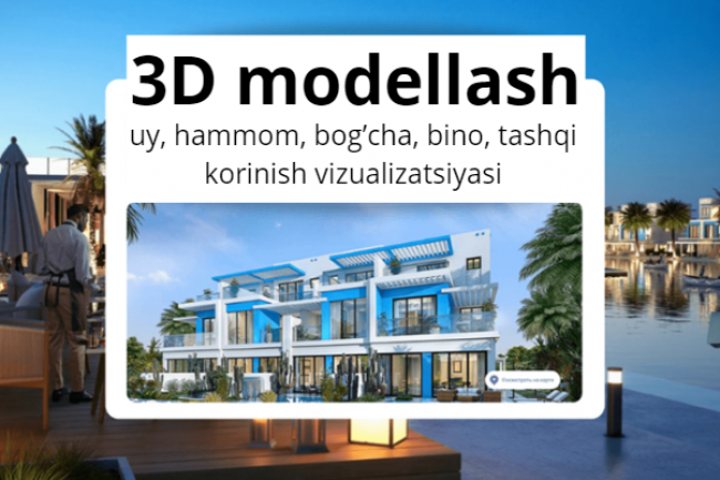 3D modellash uy hammom bogcha bino tashqi korinish vizualizatsiyasi